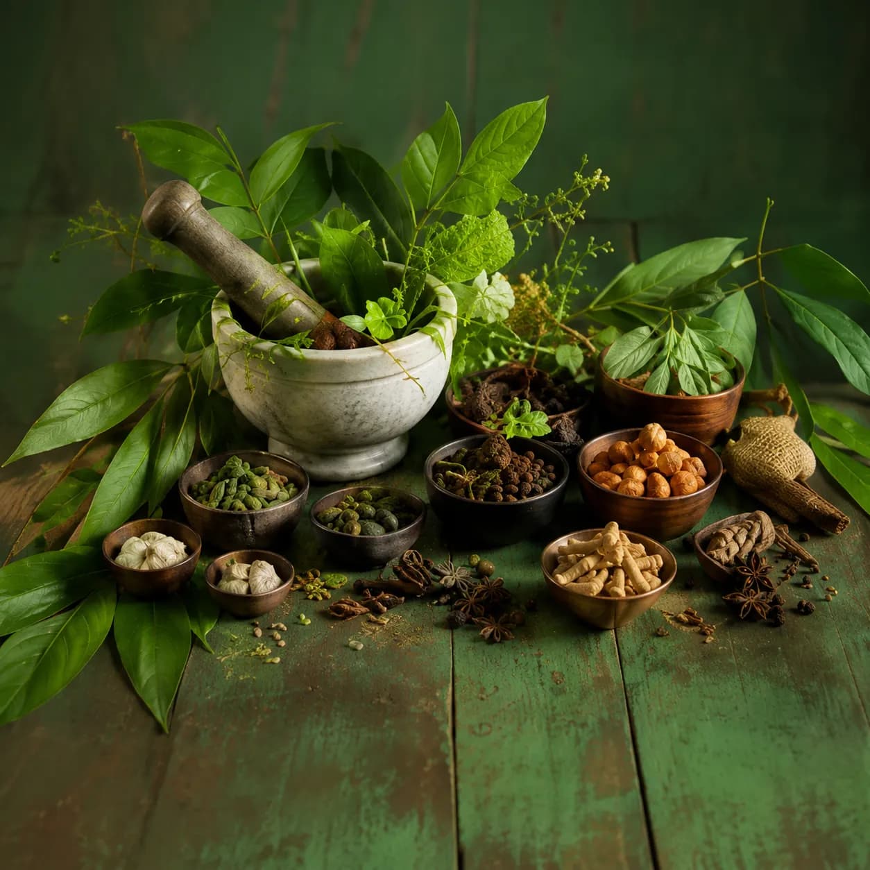 Panjatan Ayurveda — Mortar, pestle and natural herbs